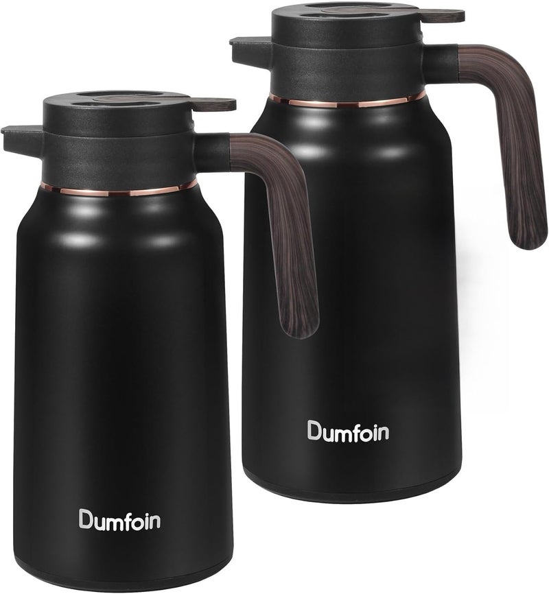 Dumfoin إبريق حراري للسائل الساخن سعة 70 أونصة - إبريق قهوة ستانلس ستيل حراري لمدة 12 ساعة - إباريق قهوة معزولة للحفاظ على القهوة الساخنة/الباردة، الشاي، الماء، موزع المشروبات للحفلات (2 أسود) - Image 1